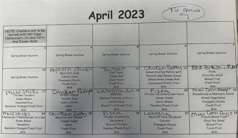  April Lunch Menu